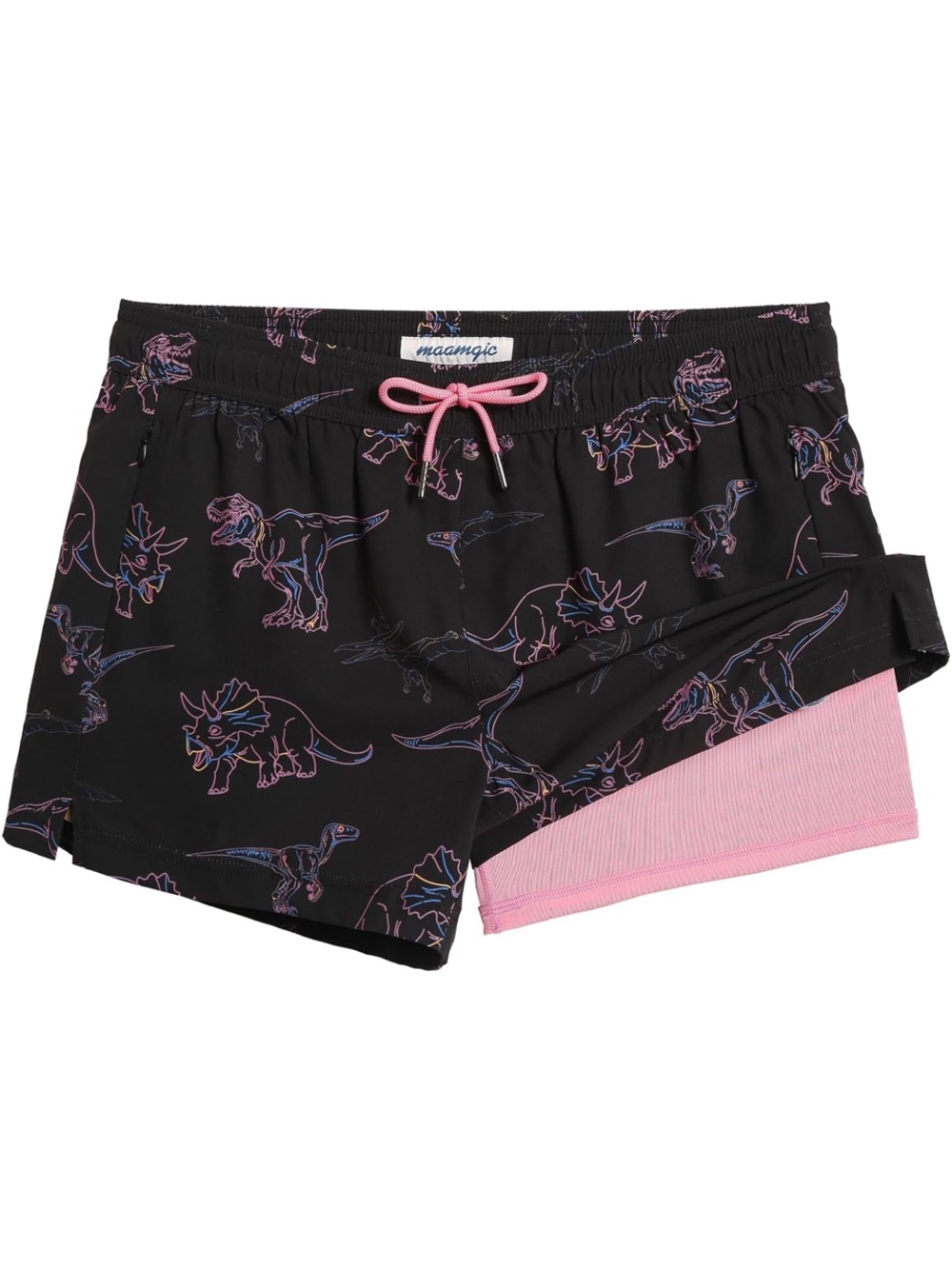 🚘 🆕 Maamgic Black & Pink Dinosaur Print Swim Trunks for Men compression’s short